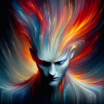 The primary subject of the image is a close-up of a person's face, with a mix of blue, red, and orange colors. The setting is a digital artwork, featuring a vibrant and colorful background. The visual style is a combination of photo and digital art, creating a unique and eye-catching image. The colors and mood of the image are lively and energetic, with the vivid colors and patterns creating a dynamic and engaging atmosphere.